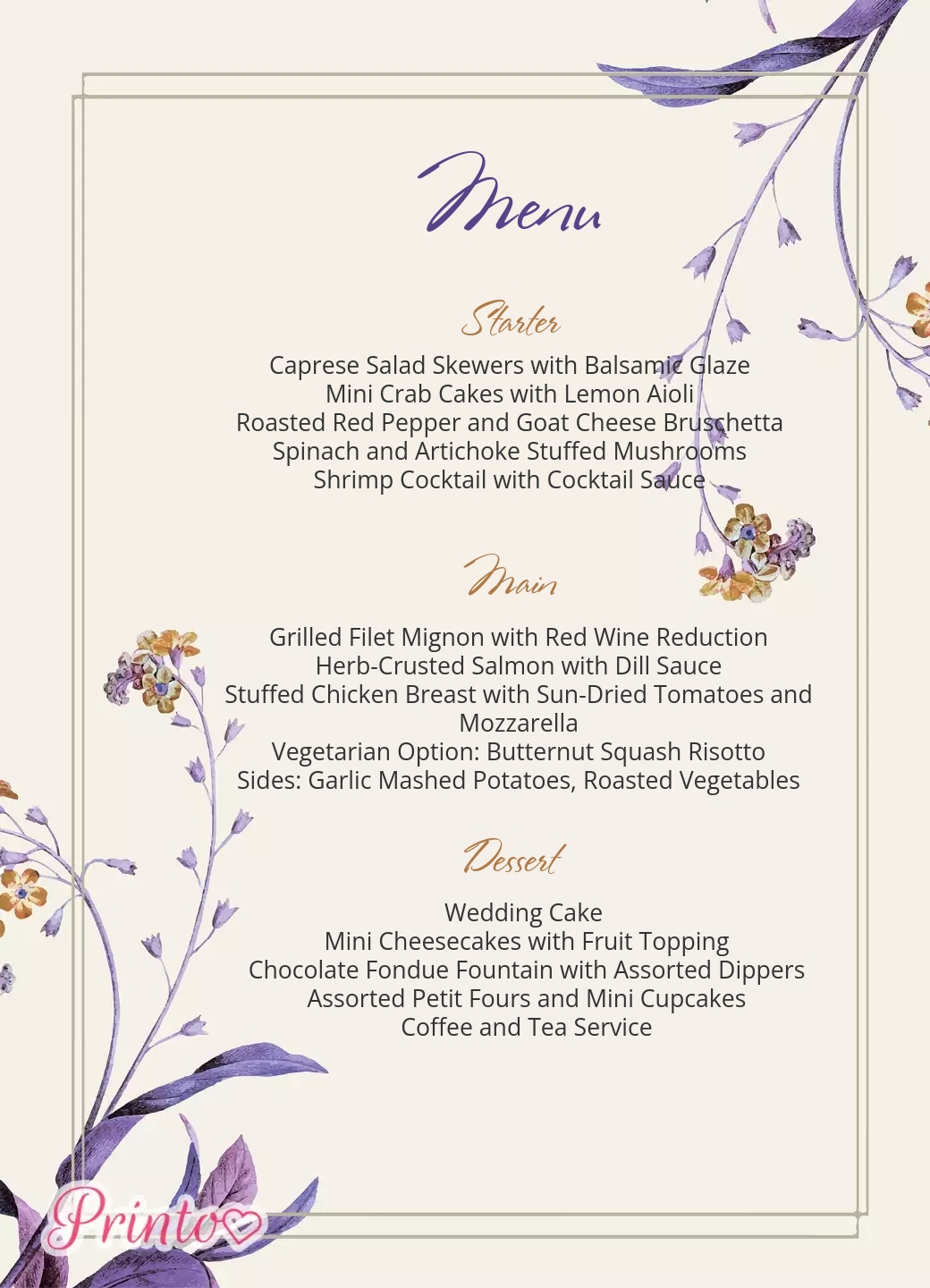 Wedding menu template "The flavors of Provence"
