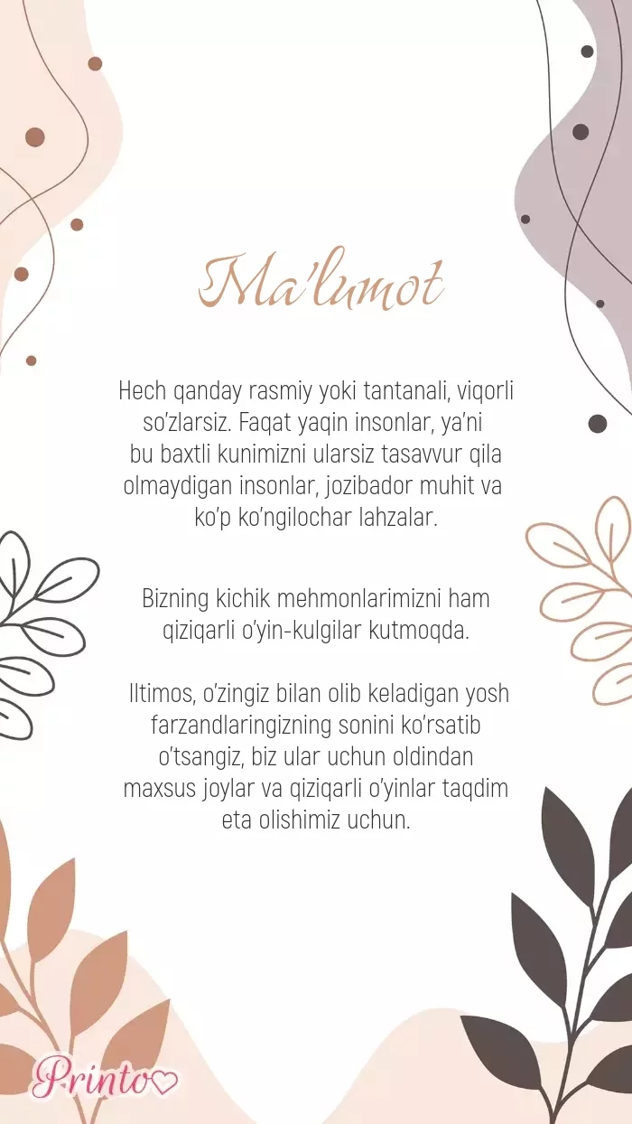 To'y haqida ma'lumot - Maketi 1