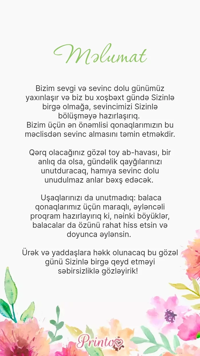 Toy haqqında məlumat - Şablon 1