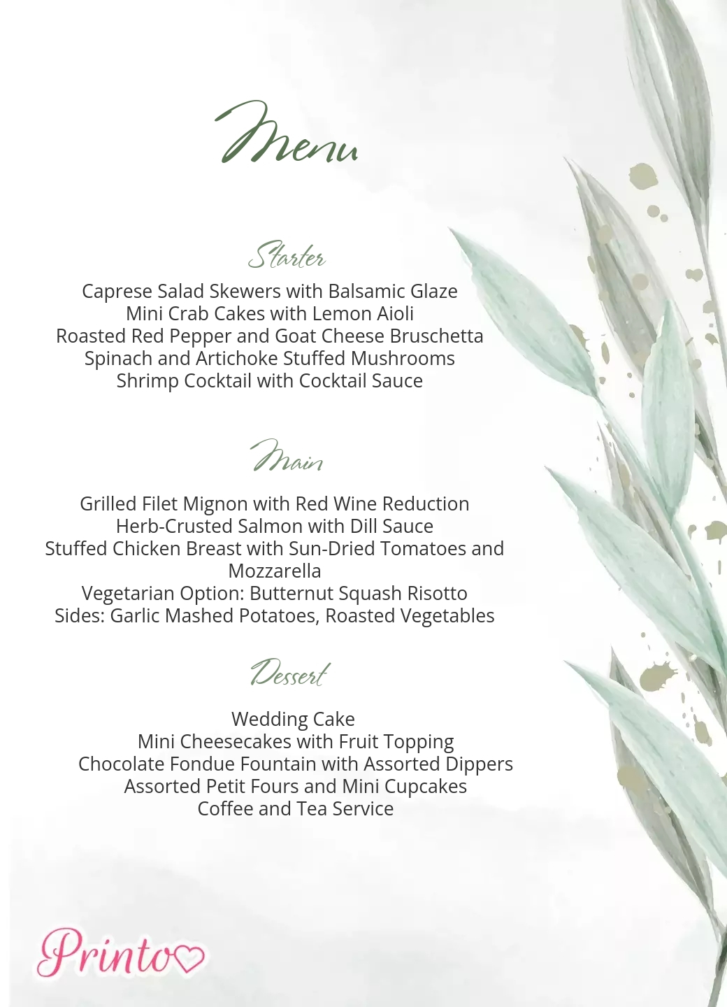 Wedding menu template "Silver eucalyptus"