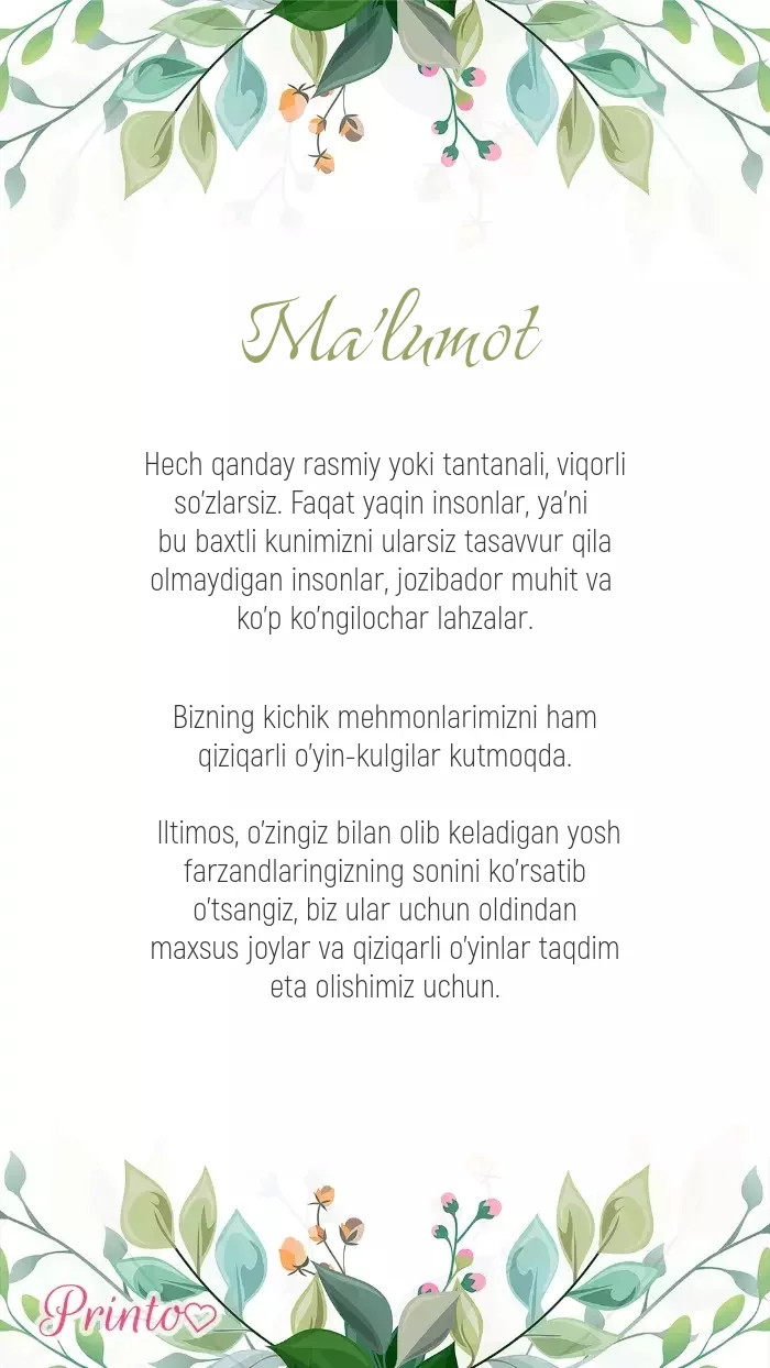 To'y haqida ma'lumot - Maketi 1