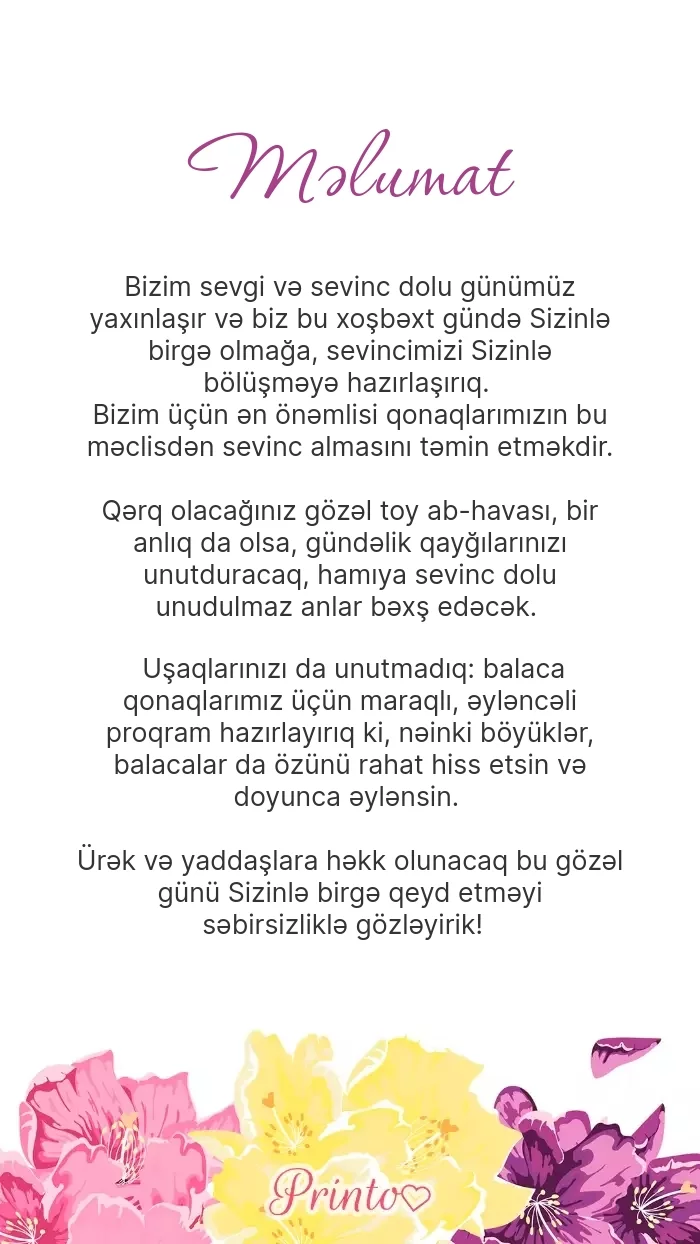 Toy haqqında məlumat - Şablon 1