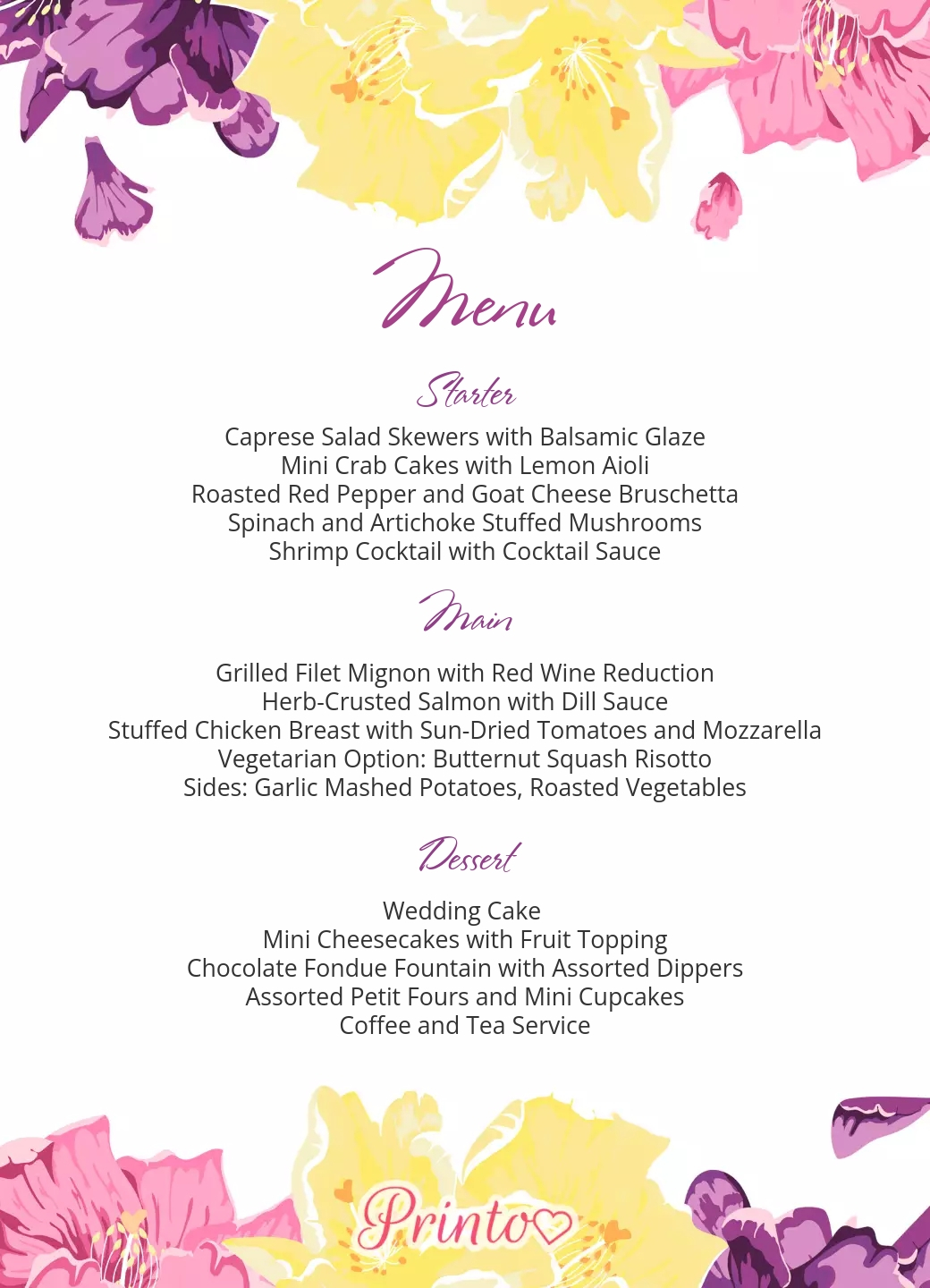 Wedding menu template "Rhododendron beauty"