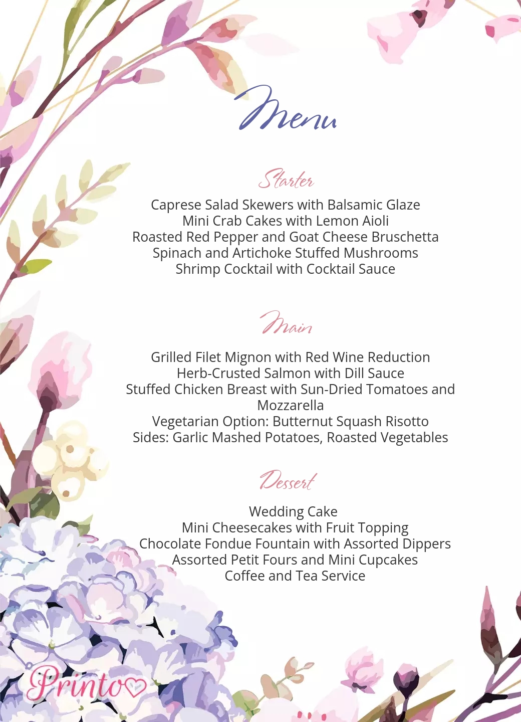 Wedding menu template "Hydrangea Nova"