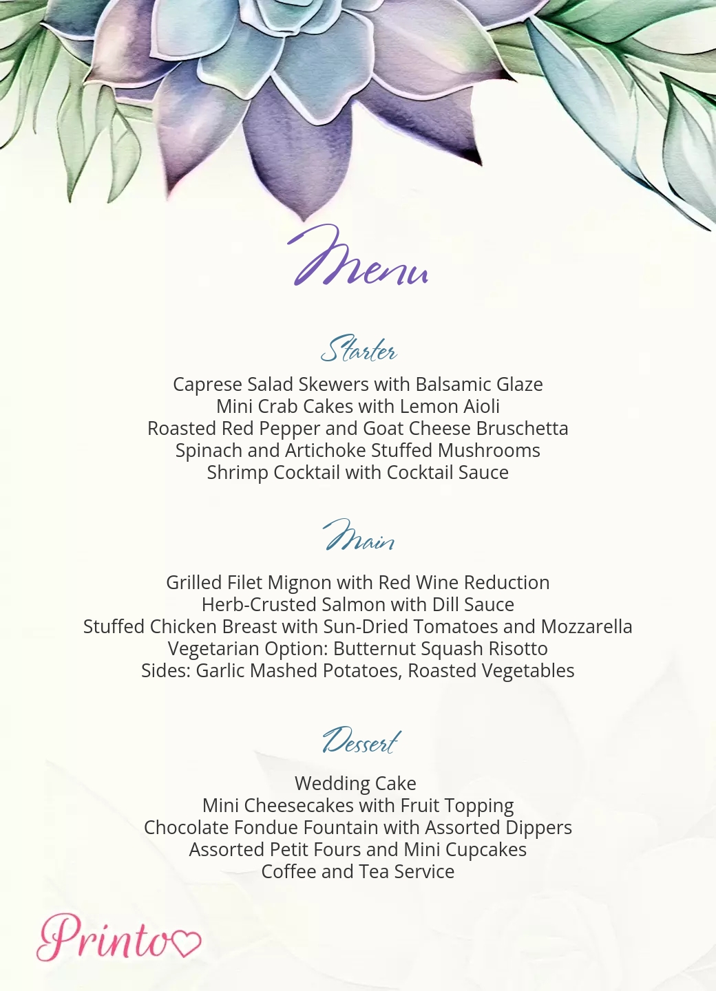 Wedding menu template "Evening rose"