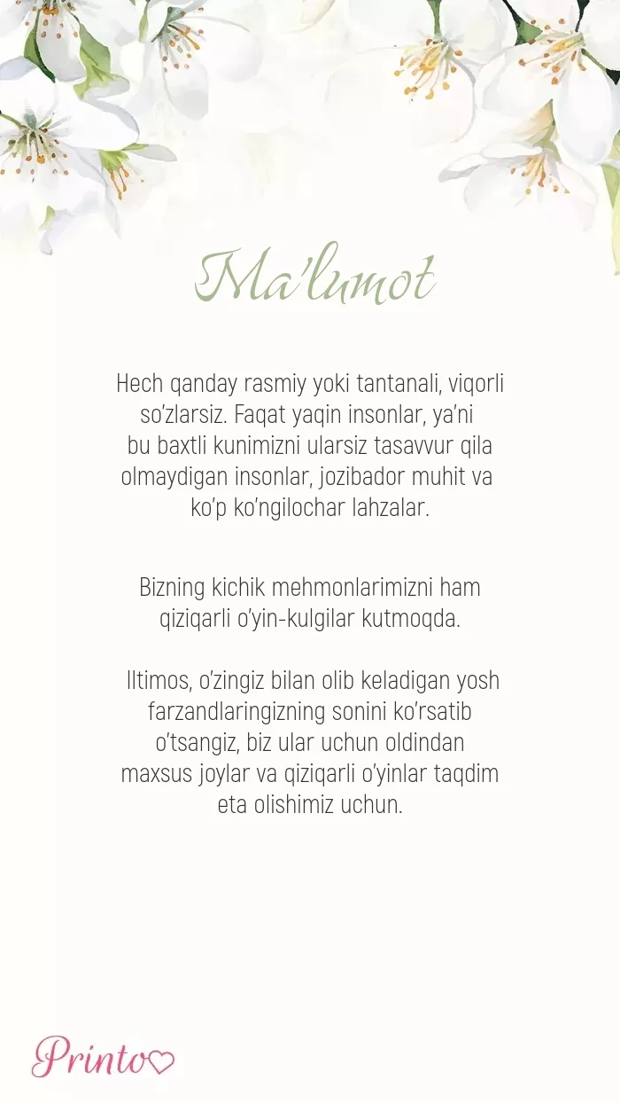 To'y haqida ma'lumot - Maketi 1