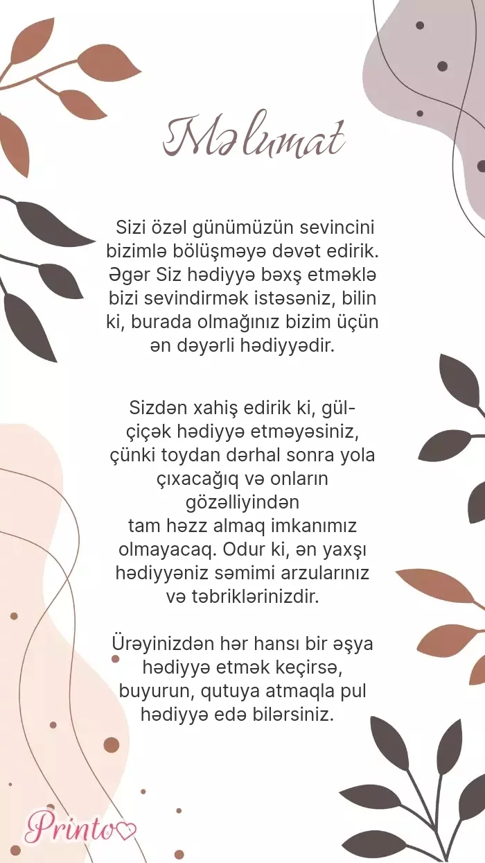 Gəlin və bəyə hədiyyələr - Şablon 1