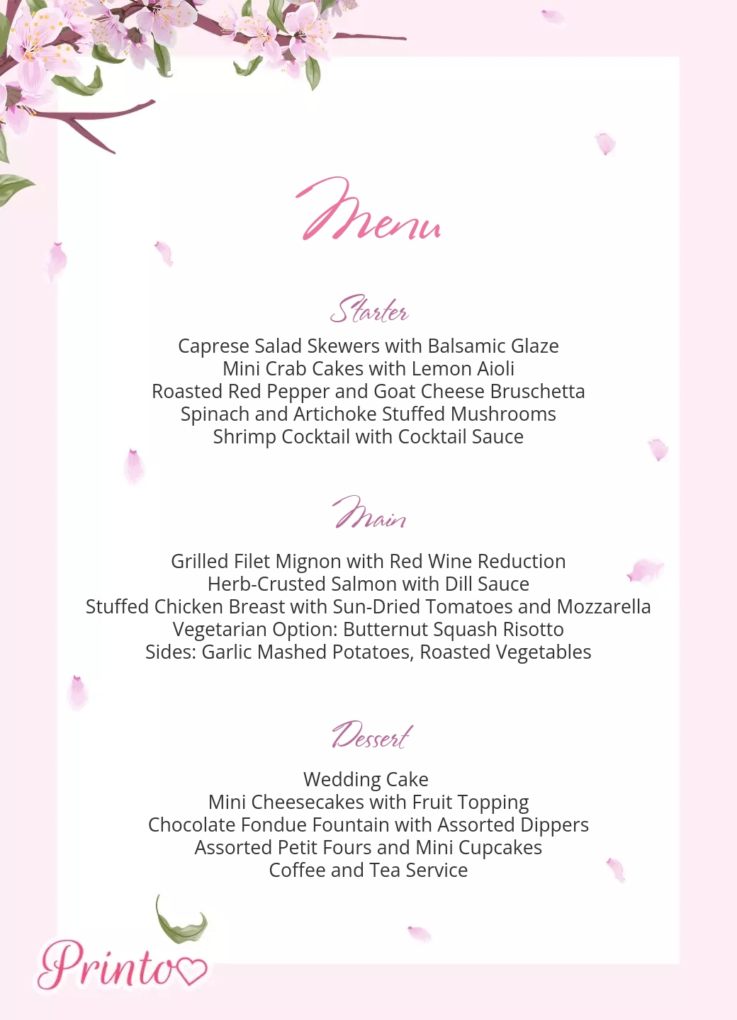 Wedding menu template "Sakura tenderness"