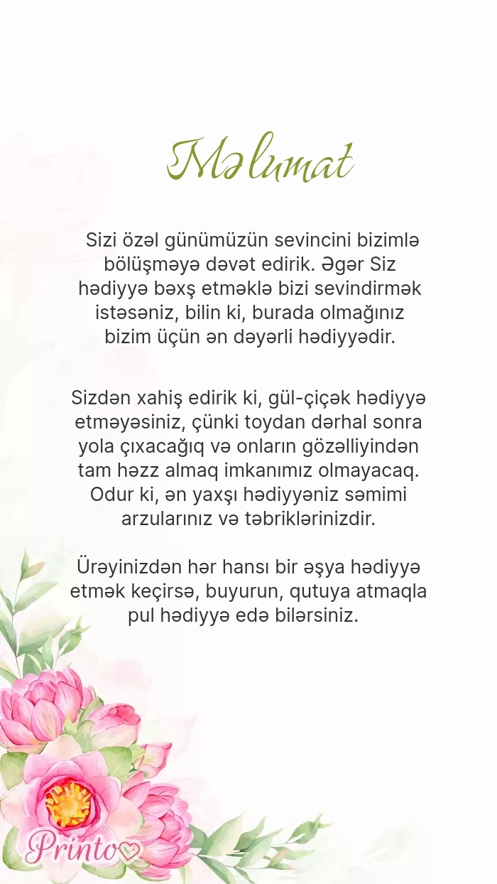 Bəy və gəlinə hədiyyələr - Şablon 1