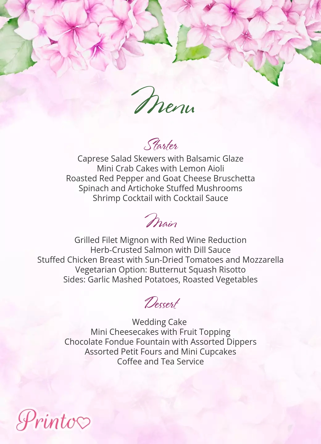Wedding menu template "Hydrangea's Melody"