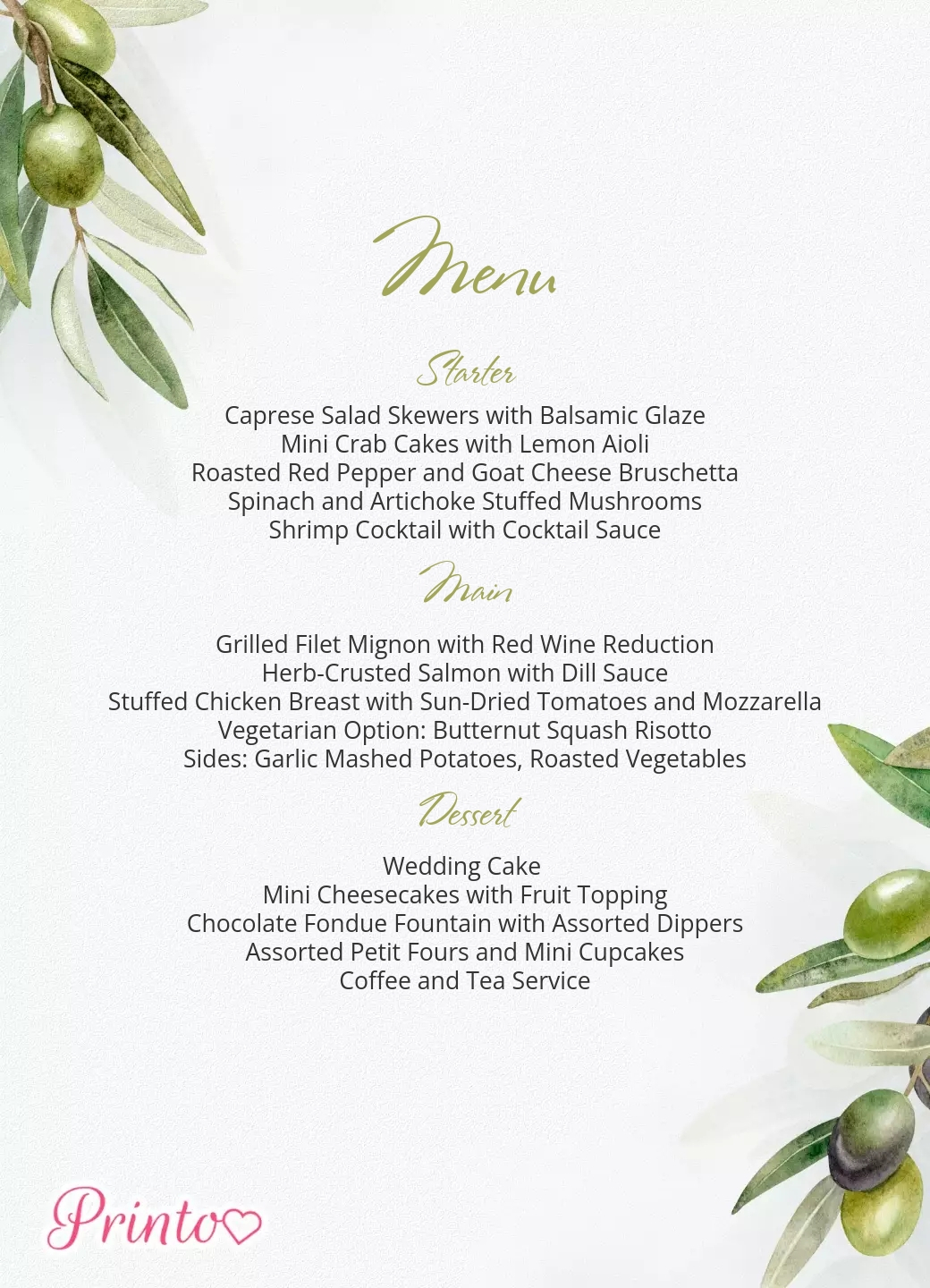 Wedding menu template "Olive Romance"