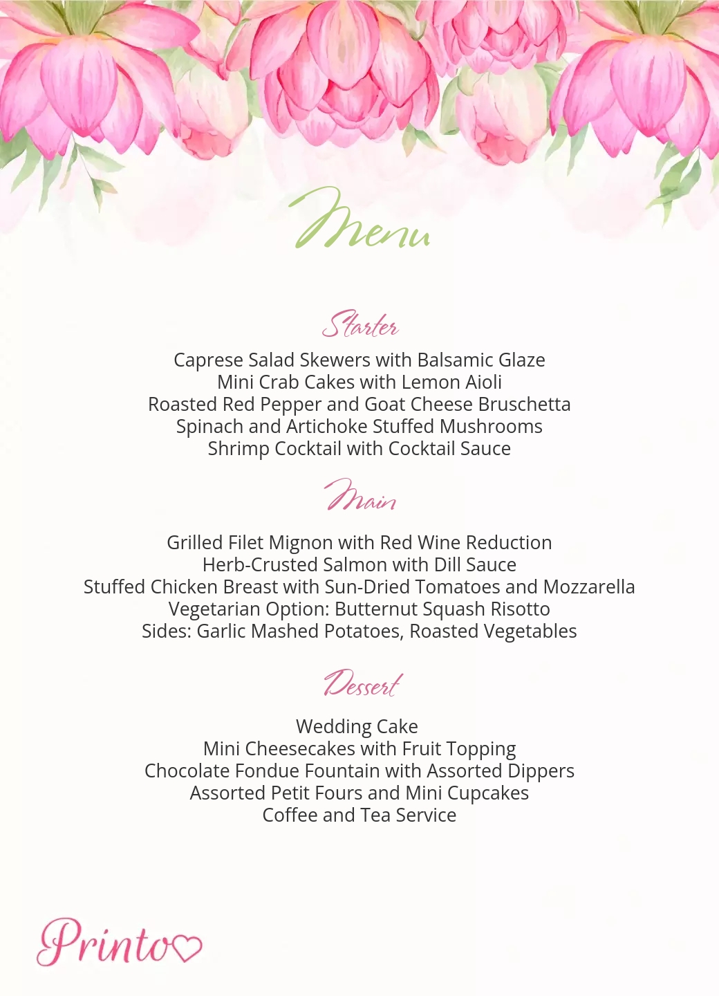 Wedding menu template "Lotus Delight"