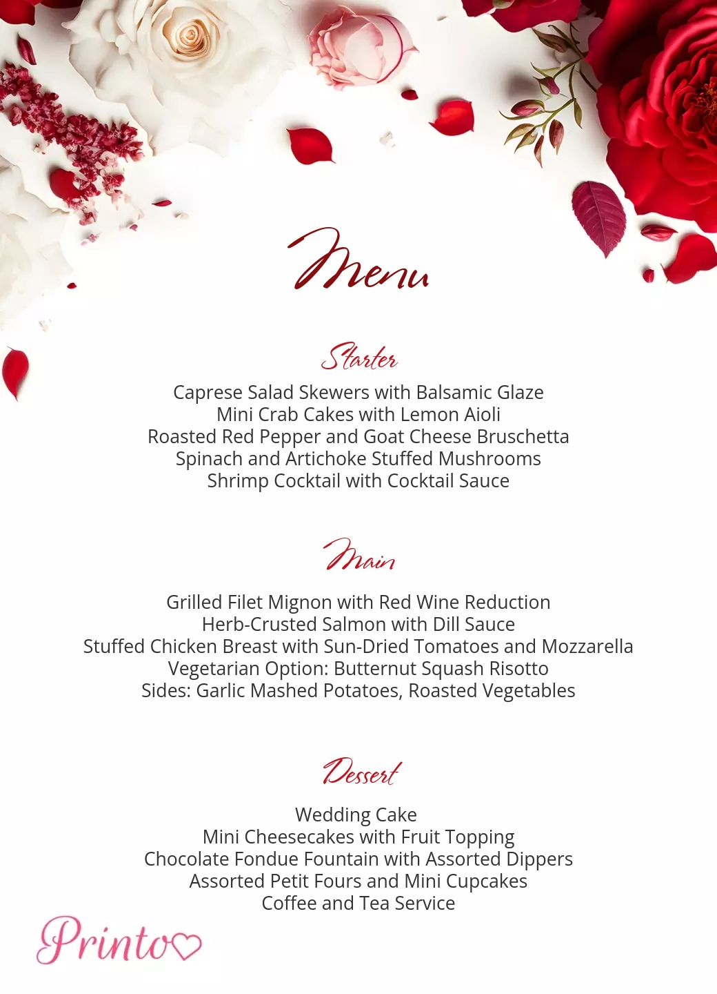 Wedding menu template "Red and white wedding"