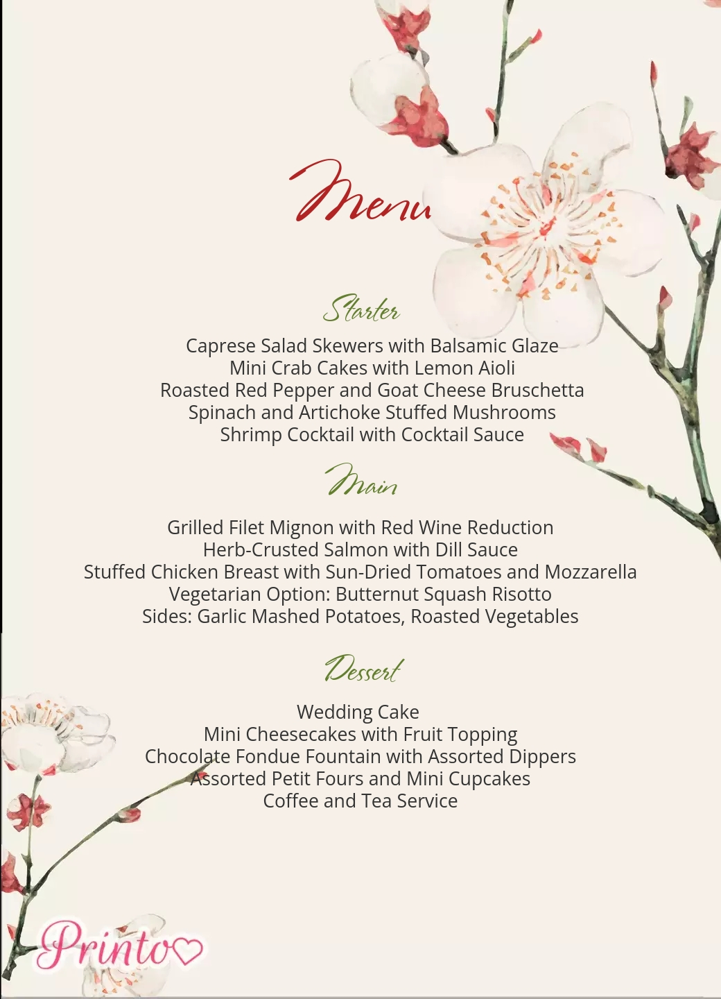 Modèle de menu de mariage "Sakura en fleurs"