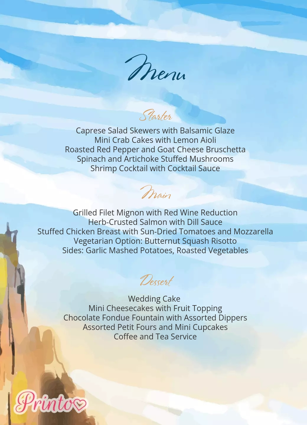 Wedding menu template "Peaceful happiness"