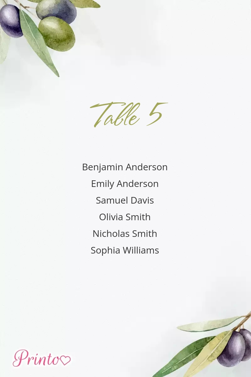 Seating plan template "Olive Romance"